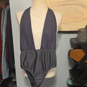 Out From Under Silver Sparkly Halter Plunge Bodysuit Size Medium